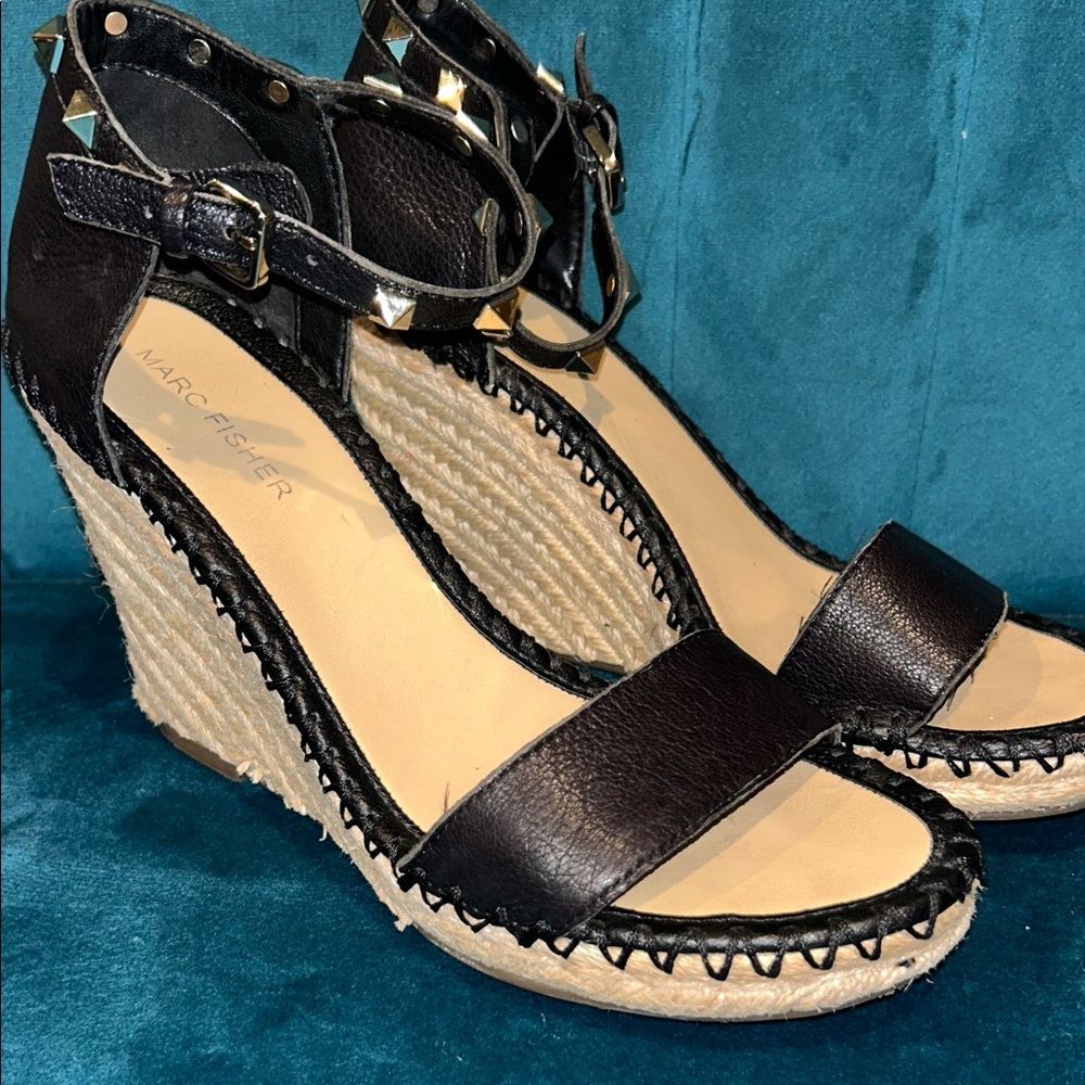 Marc Fisher Black Leather Studded Espadrille Wedge Sandals